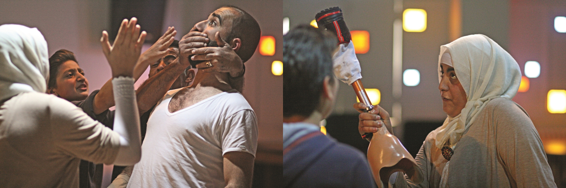 In photos: (Left) Eman al-Shayabi, Moustafa Murad, Mahmoud Saddiqa, and Mohammed Kabbour in “Love Boat” in Amman, Jordan. (Right) Eman Al-Shayab holds her prosthetic leg in rehearsal for "Love Boat." Photos by Bart Pitchford.